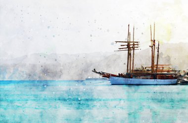 Denizdeki yatın soyut resminin soyut suluboya resmi