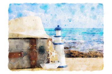 Eski tekneyle denizcilik konseptinin soyut suluboya görüntüsü