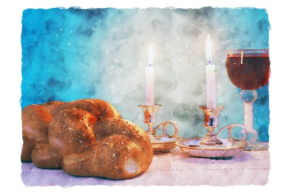 Şarap Için Yahudi Şarap Bardağının Suluboya Çizimi Hamursuz Bayramı Şabat — Stok fotoğraf