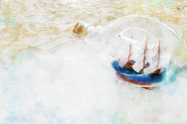 Akvarell Stílusú Elvont Kép Tengeri Koncepció Régi Hajó Palackban — Stock Fotó
