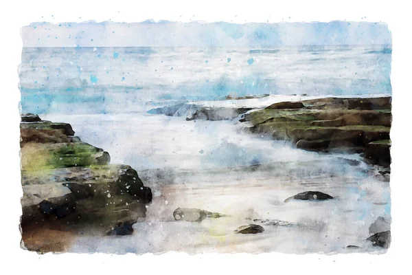 Akvarell Stil Och Abstrakt Illustration Stranden Och Havet Vid Solnedgången — Stockfoto