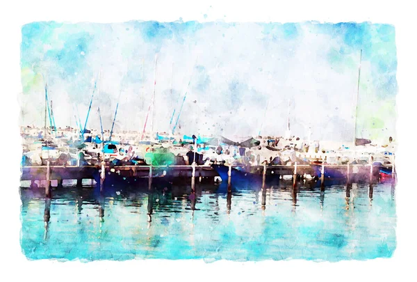 マリーナや海やボートといった海洋概念の抽象的な水彩画 — ストック写真