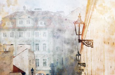 suluboya stili ve Prag sokaklarının soyut çizimi. Eski evler, antik sokaklar.