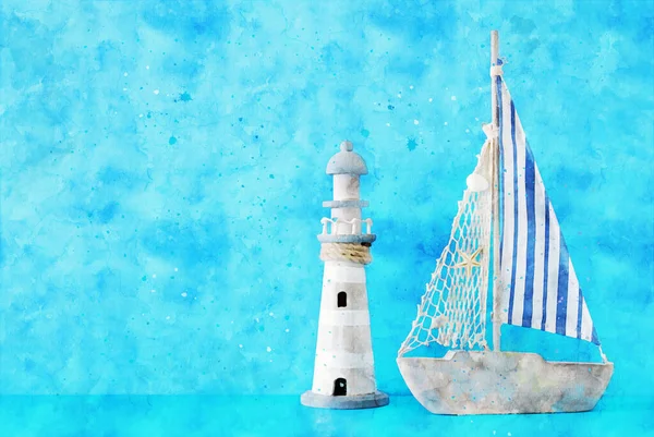 古い船で海をイメージした抽象的な水彩画 — ストック写真