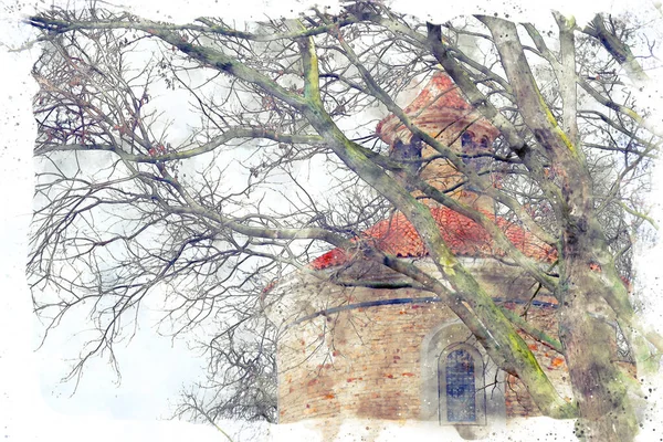 Aquarell Und Abstrakte Illustration Von Alten Häusern Und Kahlen Bäumen — Stockfoto