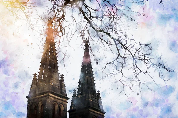 Oude Gotische Kathedraal Kale Bomen Winter — Stockfoto