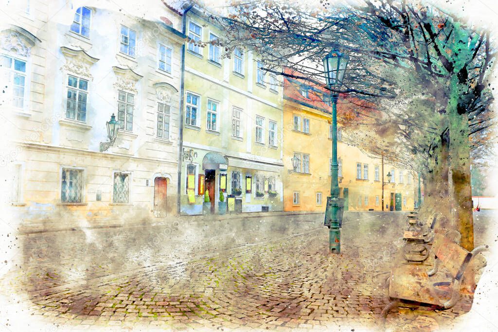 watercolor style and abstract illustration of Prague alley with old houses, antique street