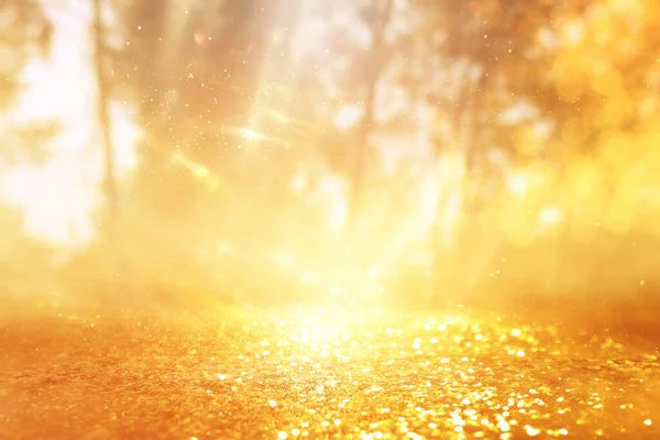 Concept Background Photo Light Burst Trees Glitter Golden Bokeh Sparkles — Stock Photo, Image