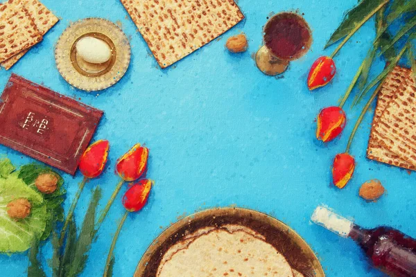 ペサのお祝いの概念 ユダヤ過越の休日 の油絵のスタイルと抽象的なイメージ ヘブライ語で書かれた伝統的な本 過越のハガダ 過越の物語 — ストック写真