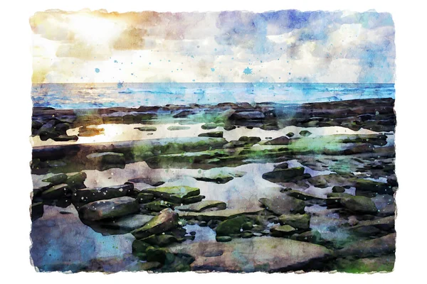 Akvarel Styl Abstraktní Ilustrace Pláže Moře Při Západu Slunce Barvy — Stock fotografie