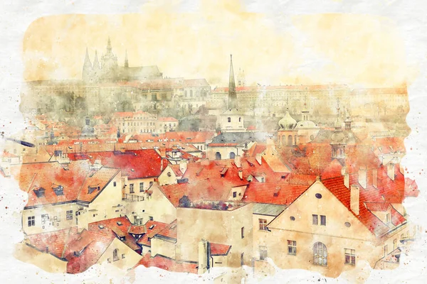 Akvarell Stílus Elvont Illusztrációja Prága Régi Házak Cserép Tetők Vár — Stock Fotó