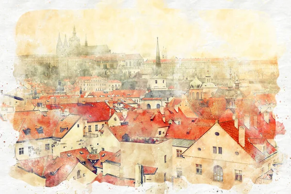 Estilo Acuarela Ilustración Abstracta Casas Antiguas Praga Techos Azulejos Castillo — Foto de Stock