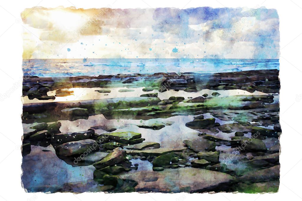 watercolor style and abstract illustration of beach and sea at sunset colors