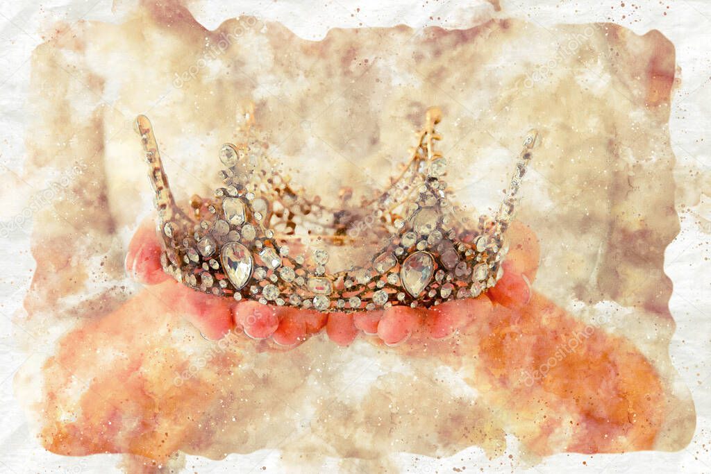 watercolor style and abstract image of beautiful queen/king crown. fantasy medieval period