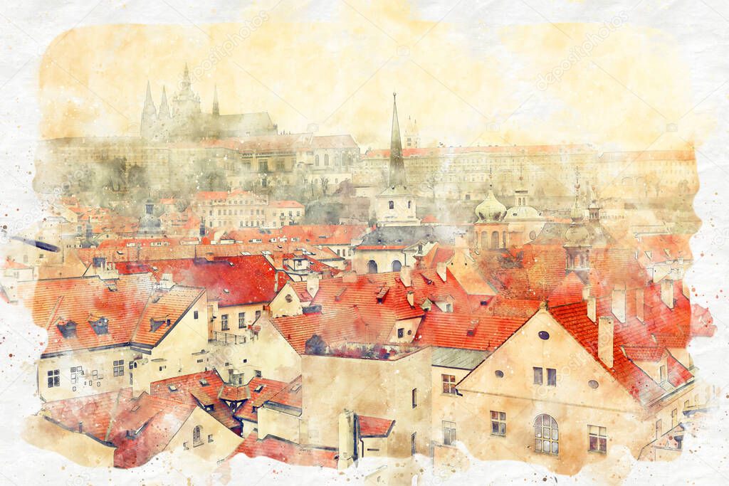 watercolor style and abstract illustration of Prague old houses tile roofs, castle and cathedral. view from above