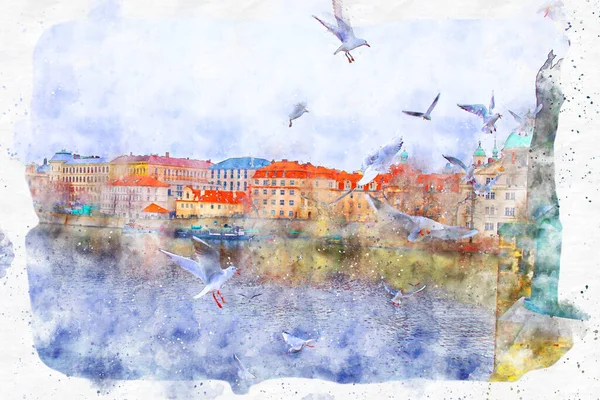 Akwarelowy Styl Abstrakcyjna Ilustracja Pragi Wełtawy Widok Rzeki Mostu Karola — Zdjęcie stockowe