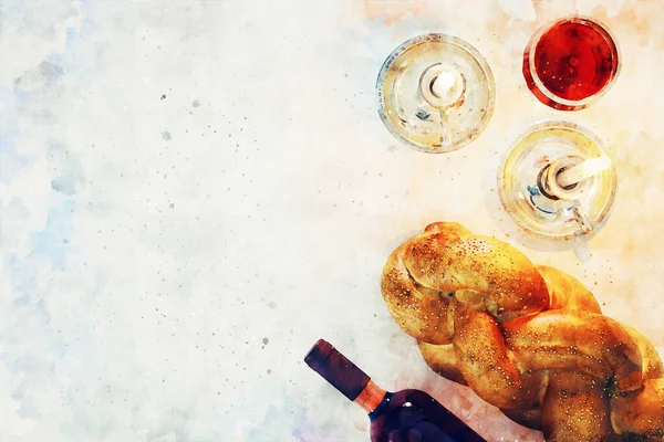 ワイン用のユダヤワインカップの水彩画風のイラスト パスオーバー ホリデーとシャバトのコンセプト — ストック写真
