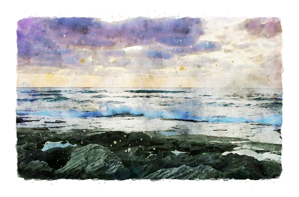 Akvarell Stil Och Abstrakt Illustration Stranden Och Havet Vid Solnedgången — Stockfoto