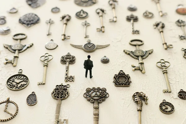 Surreal Concept Image Person Looking Many Vintage Keys Clocks — Stock Photo, Image