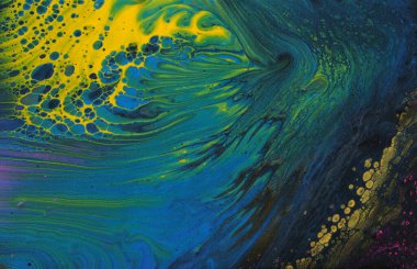 Soyut mermer efekt arka planının sanat fotoğrafçılığı. Siyah, mavi, yeşil, altın ve sarı yaratıcı renkler. Güzel boya.