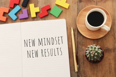 Tablonun açık defterli en üstteki görüntüsü ve yeni metin zihniyeti sonuçları. başarı ve kişisel gelişim kavramı