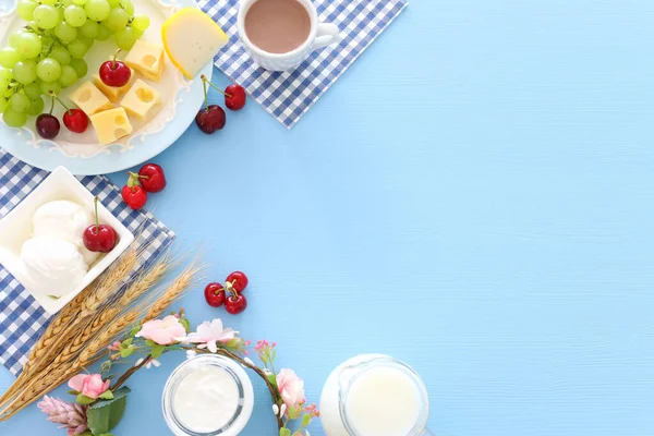 Top View Photo Dairy Products Pastel Blue Background Symbols Jewish — Stock Photo, Image