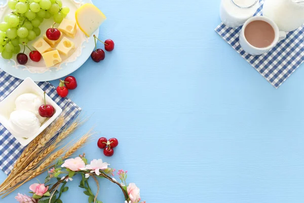 Top View Photo Dairy Products Pastel Blue Background Symbols Jewish — Stock Photo, Image