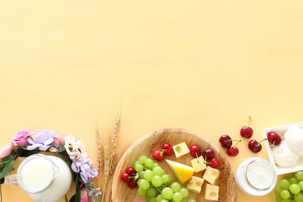 Top View Photo Dairy Products Pastel Yellow Background Symbols Jewish — Stock Photo, Image