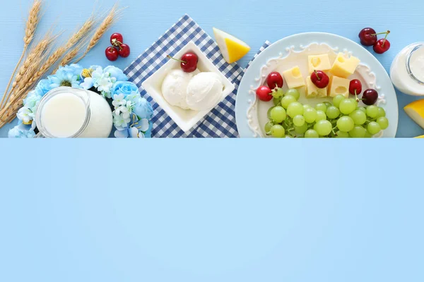 Top View Photo Dairy Products Pastel Blue Background Symbols Jewish — Stock Photo, Image