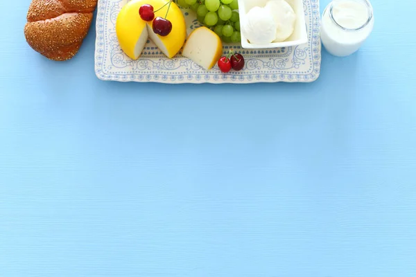 Top View Photo Dairy Products Pastel Blue Background Symbols Jewish — Stock Photo, Image