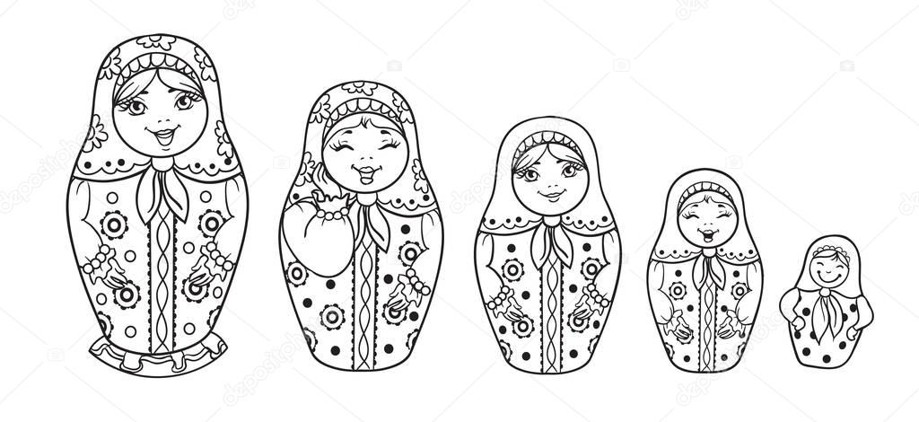 Russian Dolls Matrioshka Outlined for coloring book.