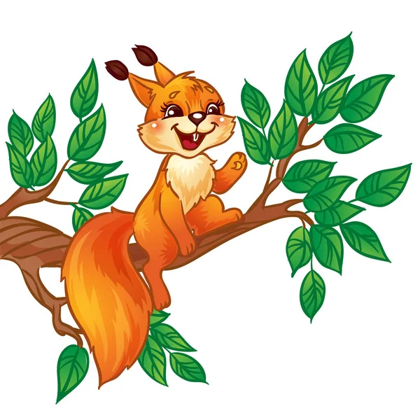 Esquilo de desenho animado bonito sentado em um ramo . —  Vetores de Stock