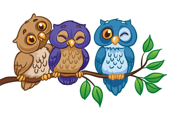 Three owls are sitting on a branch. — Stock Vector