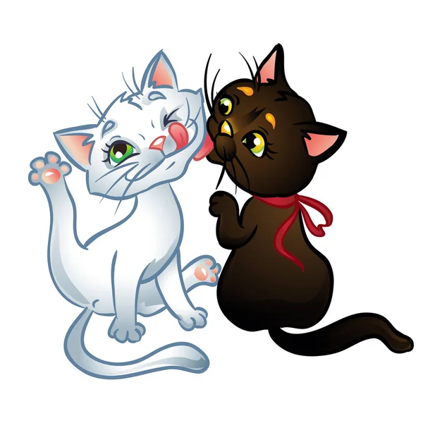 Ilustração de gatinhos pretos e brancos lavando-se . — Vetor de Stock
