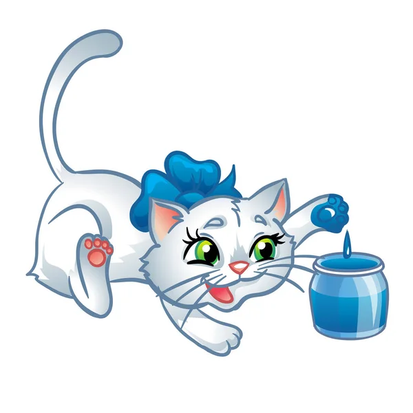 Gatito blanco juega con pintura azul . — Archivo Imágenes Vectoriales