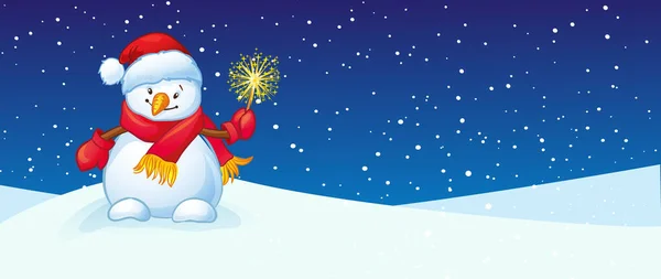 Natale vettore personaggio pupazzo di neve con sparkler in uno sfondo invernale. Illustrazione vettoriale, banner e cartolina di Natale . — Vettoriale Stock