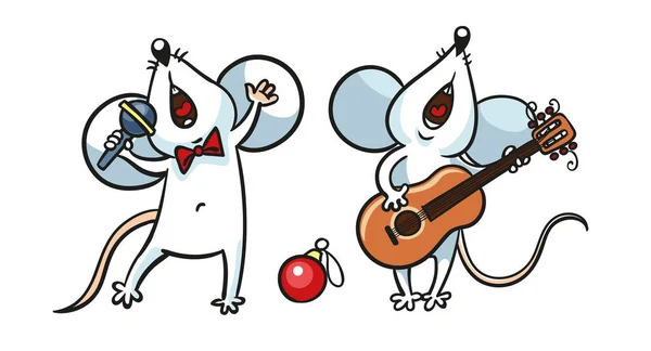 Dois ratos felizes cantam e tocam guitarra em uma banda de rock. Personagens de desenhos animados animais . —  Vetores de Stock