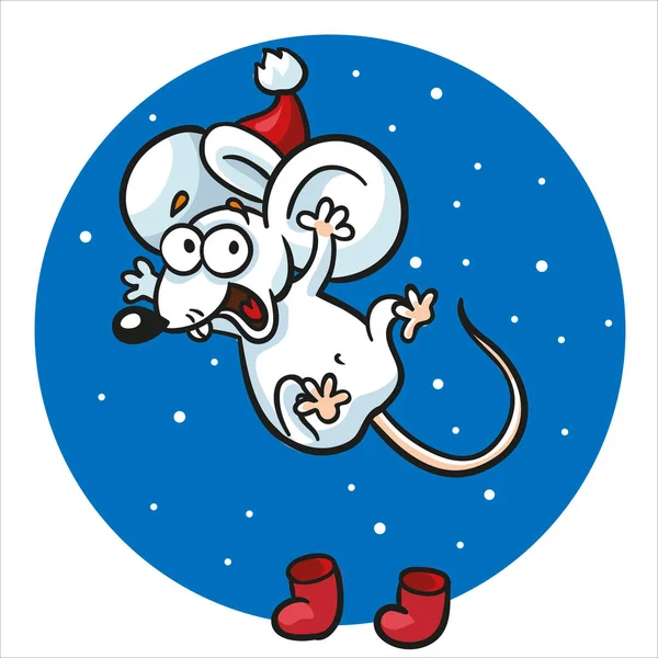 Une souris joyeuse saute dans les bottes et un chapeau de Père Noël. Personnage de dessin animé animal. Symbole de l'horoscope chinois, bonne année. Isolé sur fond blanc — Image vectorielle