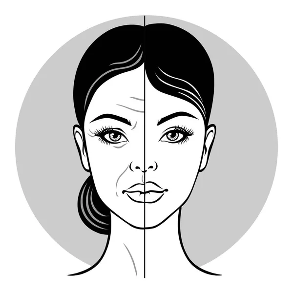 Half old woman portrait, half young woman face. Woman face before and after facelift. — Stock Vector