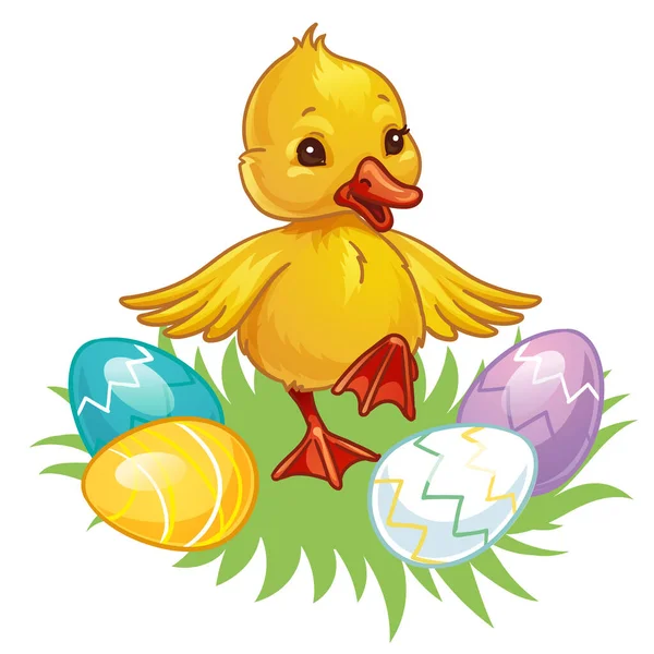 Słodka kaczka z wielkanocnymi malowanymi jajkami. Ilustracja wektora wiosennego. — Wektor stockowy
