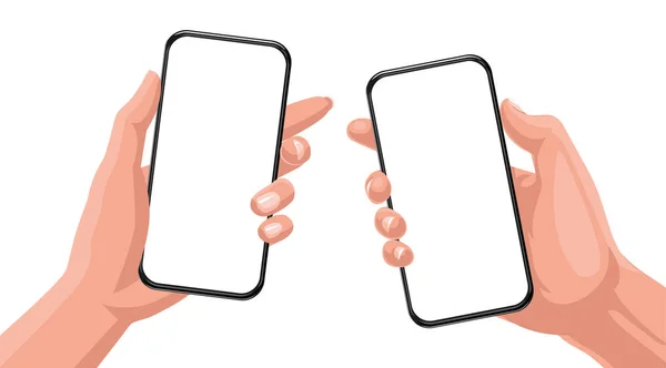 Man hand en vrouw hand houden van de zwarte smartphone leeg scherm met moderne frameloos ontwerp. — Stockvector