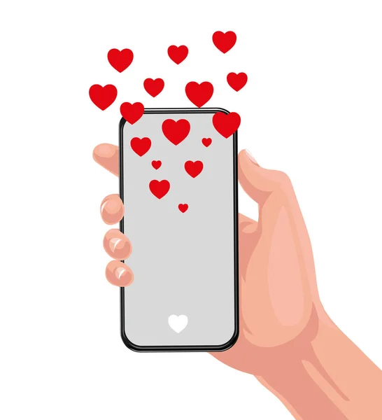 Aşk mesajı gönderme konsepti. Erkek el ve kadın el ele tutuşuyor. Romantik Uygulama ile akıllı telefon.. — Stok Vektör
