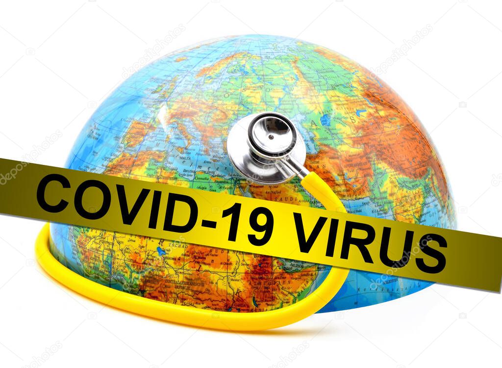 covid 19 virus warning tape with earth globe