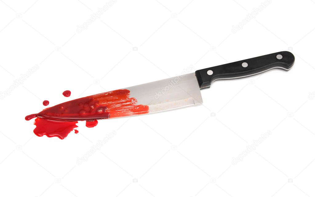 kitchen knive with blood on white background