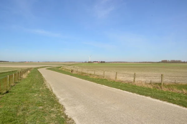 구름이 덮인 푸른 하늘 아래있는 네덜란드 의초 원 — 스톡 사진