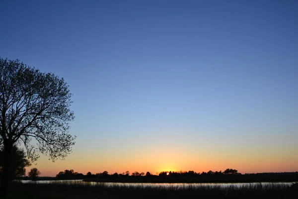 Puesta de sol sobre tierras de cultivo acuáticas en natura 2000 área lauwersmeer cerca de Kollum — Foto de Stock