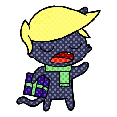 peruk ve hediye ile konuşan kedi karikatür