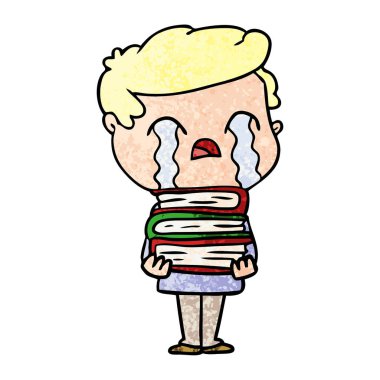 kitap yığını üzerinden ağlıyor çizgi film adam