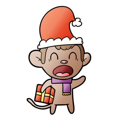 Noel hediyesi taşıyan karikatür maymun bağırarak