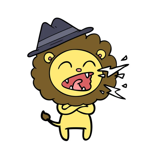 Dessin Animé Rugissant Lion Portant Chapeau — Image vectorielle